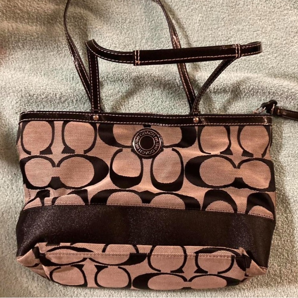 Coach Tan and Black Signature Shoulder Bag